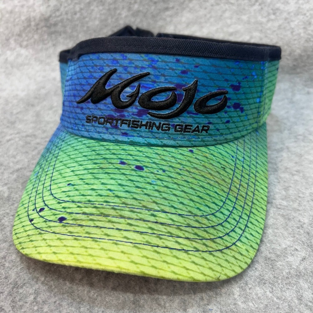 Mojo Sportfishing Gear Logo Mens‎ Green Blue Fish Scale Print Visor Hat OSFM